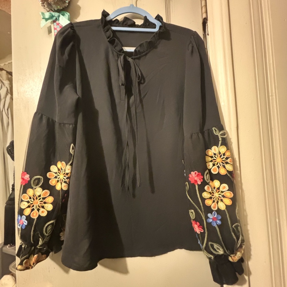 SHEIN Black Sheer Flowy Blouse with Colorful Lantern Embroidered Floral Sleeves - Picture 6 of 17